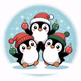 Cute Cartoon Penguins in Christmas Hats