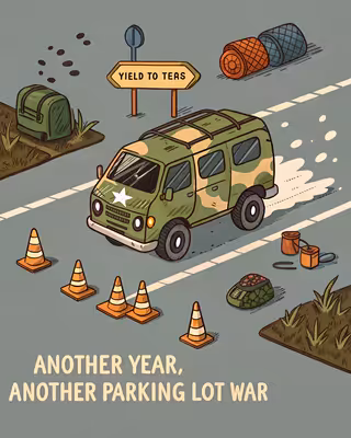 Cartoon Military Minivan in Parking Lot