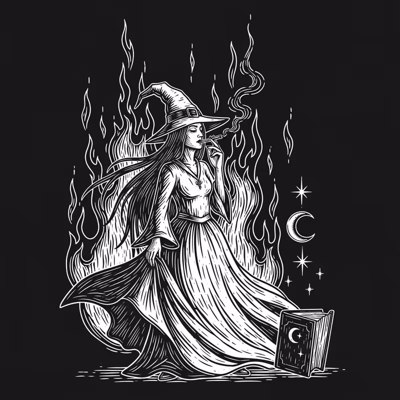 Vintage Witch Illustration in Monochrome