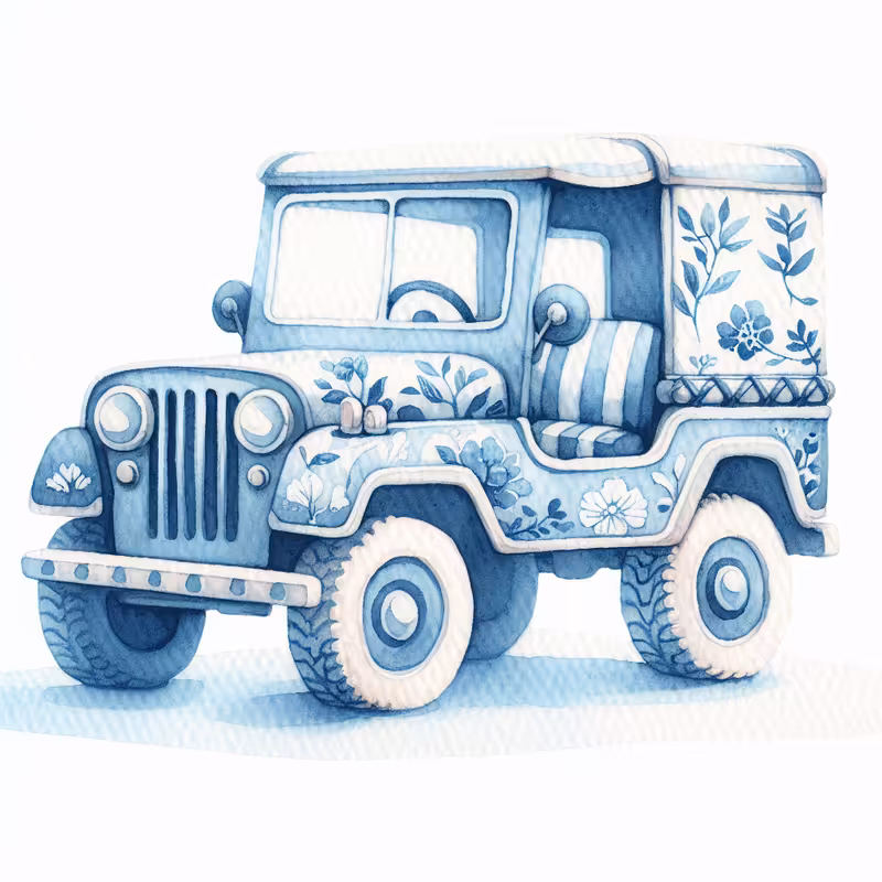 Blue Toile Safari Jeep Illustration