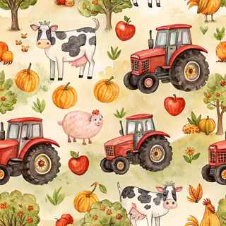 Cartoon Farmyard with Tractors and Animals