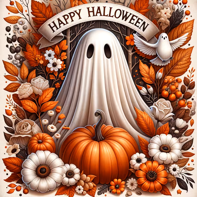 Whimsical Ghost with Autumn Flora
