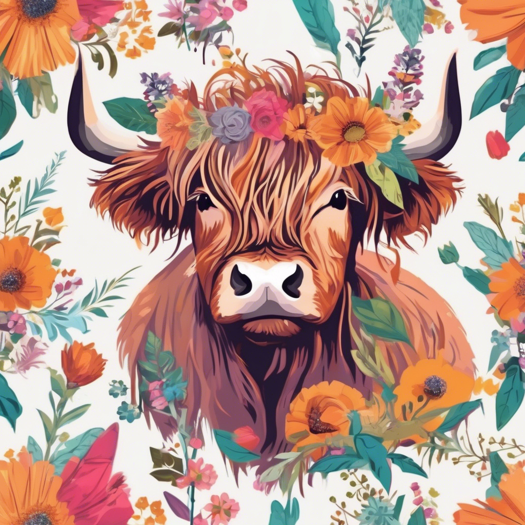 Spring Cow Drawings Highland Cow Vector Art in Spring Colors Design — MyDesigns.io